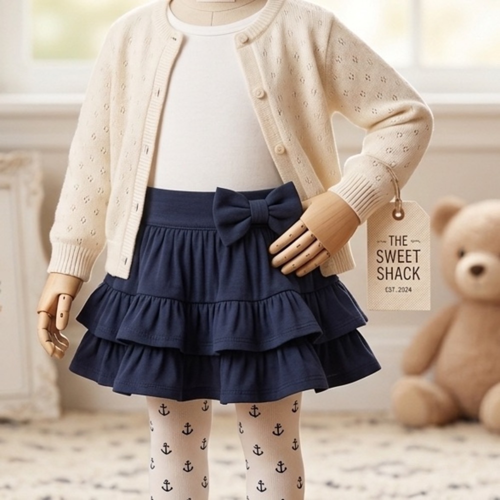 Girls Lili Gaufrette Navy Tiered Ruffled Skirt with Bow- size 8 years